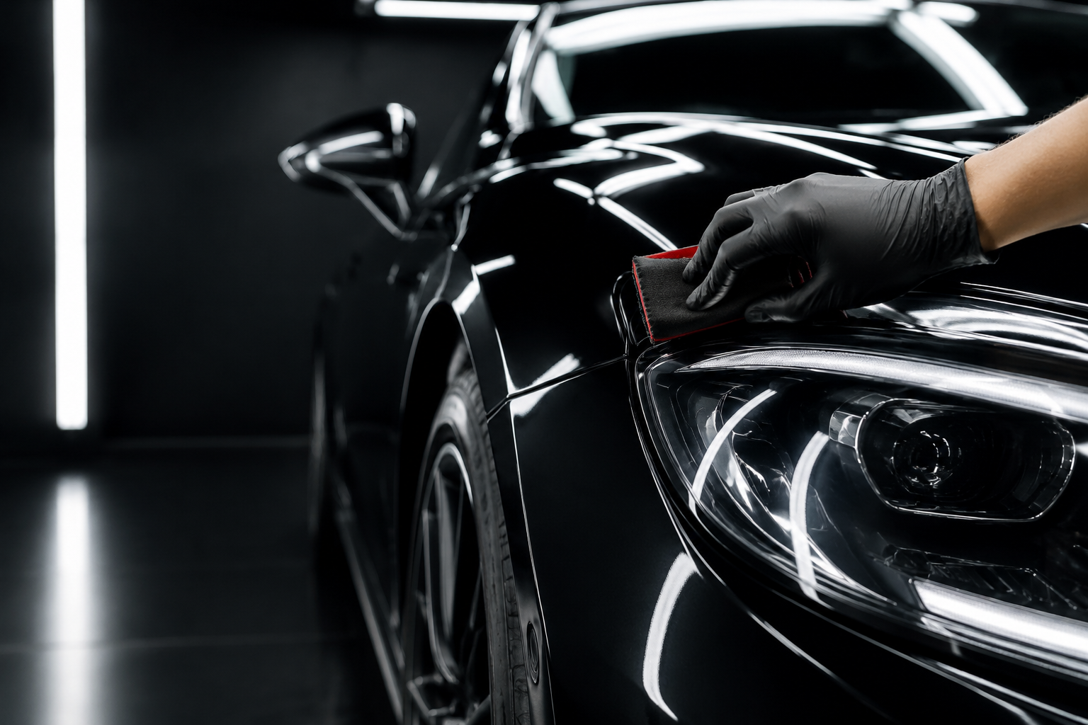 Detailer applying a ceramic coating to a glossy black car panel