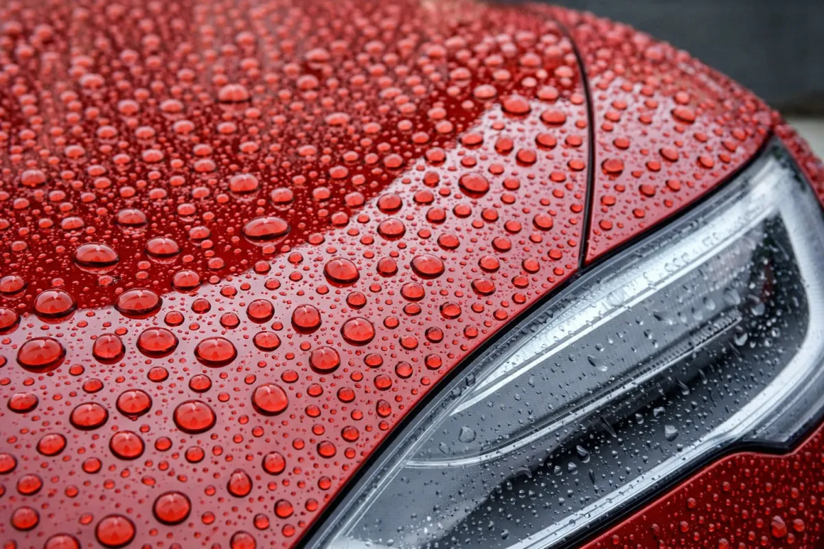 Water beading tightly on a ceramic coated red car hood